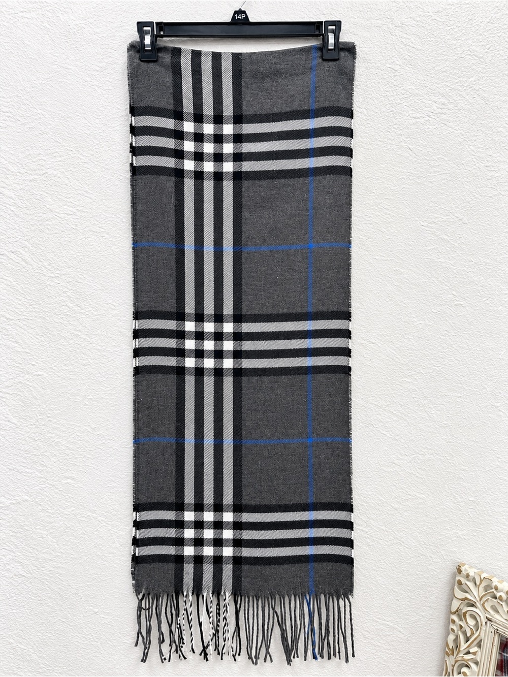 Men's Gray Plaid Fringe Scarf with Subtle Blue Accent